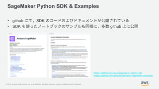 © 2018, Amazon Web Services, Inc. or its Affiliates. All rights reserved. Amazon Confidential and Trademark
SageMaker Python SDK & Examples
• github SDK
• SDK github
https://github.com/aws/sagemaker-python-sdk
https://github.com/awslabs/amazon-sagemaker-examples
 