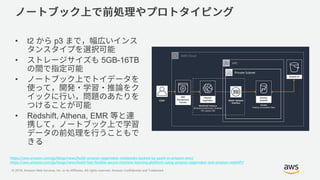 © 2018, Amazon Web Services, Inc. or its Affiliates. All rights reserved. Amazon Confidential and Trademark
• t2 p3
• 5GB-16TB
•
• Redshift, Athena, EMR
https://aws.amazon.com/jp/blogs/news/build-amazon-sagemaker-notebooks-backed-by-spark-in-amazon-emr/
https://aws.amazon.com/jp/blogs/news/build-fast-flexible-secure-machine-learning-platform-using-amazon-sagemaker-and-amazon-redshift/
 