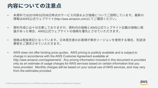 © 2018, Amazon Web Services, Inc. or its Affiliates. All rights reserved. Amazon Confidential and Trademark
• 2019 02 06
AWS (http://aws.amazon.com)
• AWS
AWS
•
• AWS does not offer binding price quotes. AWS pricing is publicly available and is subject to
change in accordance with the AWS Customer Agreement available at
http://aws.amazon.com/agreement/. Any pricing information included in this document is provided
only as an estimate of usage charges for AWS services based on certain information that you
have provided. Monthly charges will be based on your actual use of AWS services, and may vary
from the estimates provided.
 