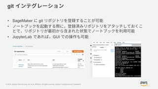© 2018, Amazon Web Services, Inc. or its Affiliates. All rights reserved. Amazon Confidential and Trademark
git
• SageMaker git
•
• JupyterLab GUI
 