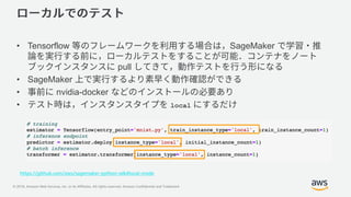© 2018, Amazon Web Services, Inc. or its Affiliates. All rights reserved. Amazon Confidential and Trademark
• Tensorflow SageMaker
pull
• SageMaker
• nvidia-docker
• local
https://github.com/aws/sagemaker-python-sdk#local-mode
 