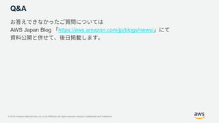© 2018, Amazon Web Services, Inc. or its Affiliates. All rights reserved. Amazon Confidential and Trademark
Q&A
AWS Japan Blog https://aws.amazon.com/jp/blogs/news/
 
