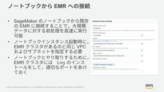 © 2018, Amazon Web Services, Inc. or its Affiliates. All rights reserved. Amazon Confidential and Trademark
EMR
• SageMaker
EMR
•
EMR VPC
•
EMR Livy
 