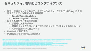 © 2018, Amazon Web Services, Inc. or its Affiliates. All rights reserved. Amazon Confidential and Trademark
:
• KMS key ID
SSE-KMS
• CreateTrainingJob /
• CreateEndpointConfig
•
•
•
•
• Cloudtrail
• PCI DSS HIPPA
https://aws.amazon.com/about-aws/whats-new/2018/01/aws-kms-based-encryption-is-now-available-in-amazon-sagemaker-training-and-hosting/
https://aws.amazon.com/about-aws/whats-new/2018/01/aws-cloudtrail-integration-is-now-available-in-amazon-sagemaker/
https://aws.amazon.com/about-aws/whats-new/2018/01/amazon-sagemaker-achieves-pci-dss-compliance/
https://aws.amazon.com/about-aws/whats-new/2018/04/access-amazon-vpc-resources-for-training-and-hosting-with-amazon-sageMaker/
https://aws.amazon.com/about-aws/whats-new/2018/05/Amazon-SageMaker-Achieves-HIPAA-Eligibility/
https://aws.amazon.com/jp/about-aws/whats-new/2018/06/amazon-sagemaker-inference-calls-are-supported-on-aws-privatelink/
 