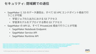 © 2018, Amazon Web Services, Inc. or its Affiliates. All rights reserved. Amazon Confidential and Trademark
:
• SageMaker S3 S3 VPC
• S3
• S3
• SageMaker API PrivateLink
• SageMaker Notebook Endpoint
• SageMaker Service API
• SageMaker Runtime API
https://aws.amazon.com/blogs/machine-learning/direct-access-to-amazon-sagemaker-notebooks-from-amazon-vpc-by-using-an-aws-privatelink-endpoint/
https://aws.amazon.com/about-aws/whats-new/2018/04/access-amazon-vpc-resources-for-training-and-hosting-with-amazon-sageMaker/
https://aws.amazon.com/jp/about-aws/whats-new/2018/06/amazon-sagemaker-inference-calls-are-supported-on-aws-privatelink/
https://aws.amazon.com/about-aws/whats-new/2018/08/amazon-sagemaker-apis-supported-on-aws-privatelink/
 