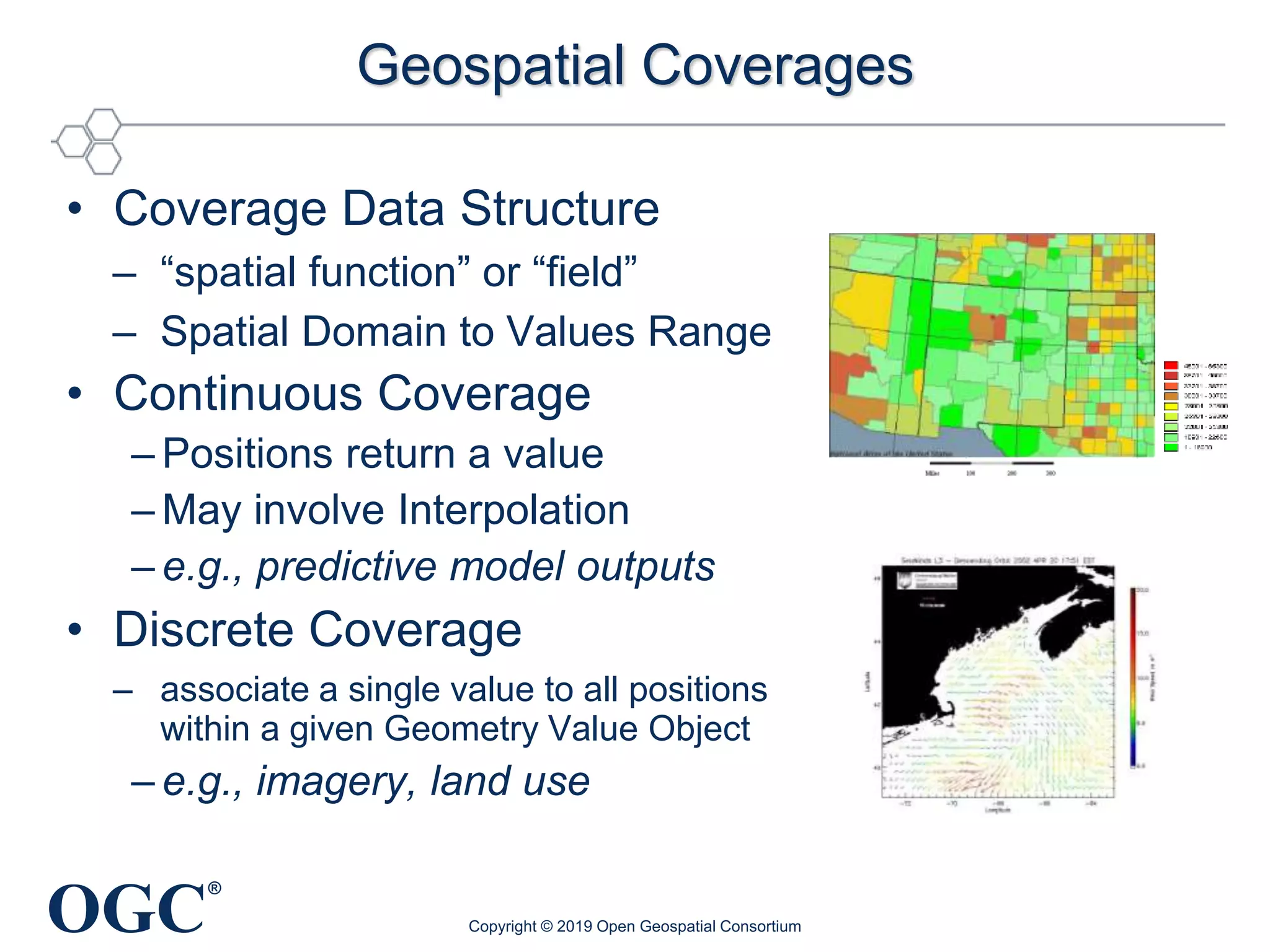 OGC
®
Geospatial Coverages
Copyright © 2019 Open Geospatial Consortium
• Coverage Data Structure
– “spatial function” or “field”
– Spatial Domain to Values Range
• Continuous Coverage
– Positions return a value
– May involve Interpolation
– e.g., predictive model outputs
• Discrete Coverage
– associate a single value to all positions
within a given Geometry Value Object
– e.g., imagery, land use
 