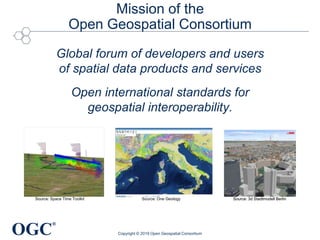 OGC
®
Mission of the
Open Geospatial Consortium
Global forum of developers and users
of spatial data products and services
Open international standards for
geospatial interoperability.
Copyright © 2019 Open Geospatial Consortium
Source: 3d Stadtmodell BerlinSource: One GeologySource: Space Time Toolkit
 