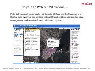 Drupal NYC Meetup @ 30 Rock - Feb 6th - How to turn Drupal 8 into an advanced Web GIS 2.0 application with the Geoﬁeld Mapping stack (@Italo Mairo - www.italomairo.com )
Drupal as a Web GIS 2.0 platform …
Potentially a great opportunity to integrate JS frameworks Mapping and
Spatial Data Analysis capabilities with all Drupal entity modelling, big data
management and scalable functionalities ecosystem.
 