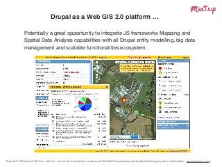 Drupal NYC Meetup @ 30 Rock - Feb 6th - How to turn Drupal 8 into an advanced Web GIS 2.0 application with the Geoﬁeld Mapping stack (@Italo Mairo - www.italomairo.com )
Drupal as a Web GIS 2.0 platform …
Potentially a great opportunity to integrate JS frameworks Mapping and
Spatial Data Analysis capabilities with all Drupal entity modelling, big data
management and scalable functionalities ecosystem.
 
