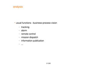 21/260
analysis
 usual functions - business-process vision
– tracking
– alarm
– remote control
– mission dispatch
– infor...