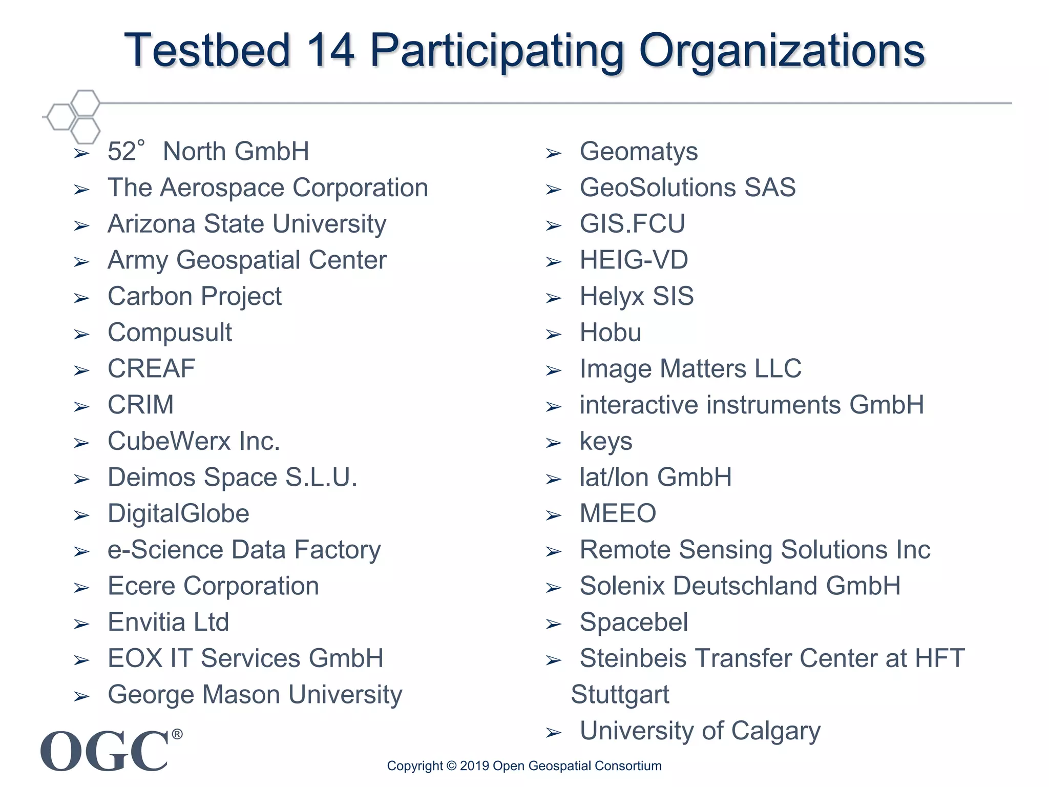 OGC
®
Testbed 14 Participating Organizations
➢ 52°North GmbH
➢ The Aerospace Corporation
➢ Arizona State University
➢ Army Geospatial Center
➢ Carbon Project
➢ Compusult
➢ CREAF
➢ CRIM
➢ CubeWerx Inc.
➢ Deimos Space S.L.U.
➢ DigitalGlobe
➢ e-Science Data Factory
➢ Ecere Corporation
➢ Envitia Ltd
➢ EOX IT Services GmbH
➢ George Mason University
➢ Geomatys
➢ GeoSolutions SAS
➢ GIS.FCU
➢ HEIG-VD
➢ Helyx SIS
➢ Hobu
➢ Image Matters LLC
➢ interactive instruments GmbH
➢ keys
➢ lat/lon GmbH
➢ MEEO
➢ Remote Sensing Solutions Inc
➢ Solenix Deutschland GmbH
➢ Spacebel
➢ Steinbeis Transfer Center at HFT
Stuttgart
➢ University of Calgary
Copyright © 2019 Open Geospatial Consortium
 