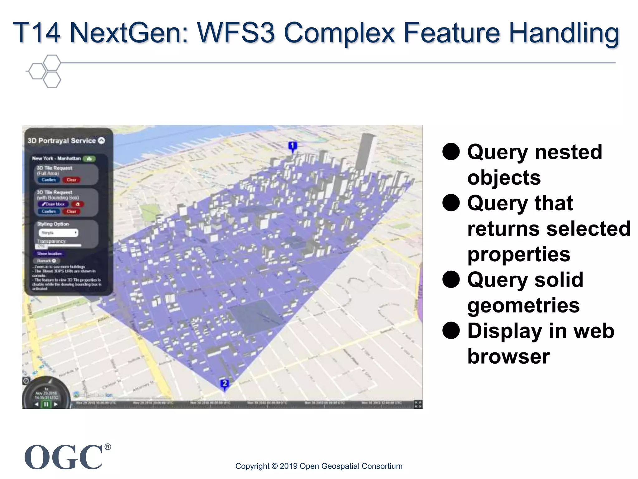 OGC
®
T14 NextGen: WFS3 Complex Feature Handling
● Query nested
objects
● Query that
returns selected
properties
● Query solid
geometries
● Display in web
browser
Copyright © 2019 Open Geospatial Consortium
 