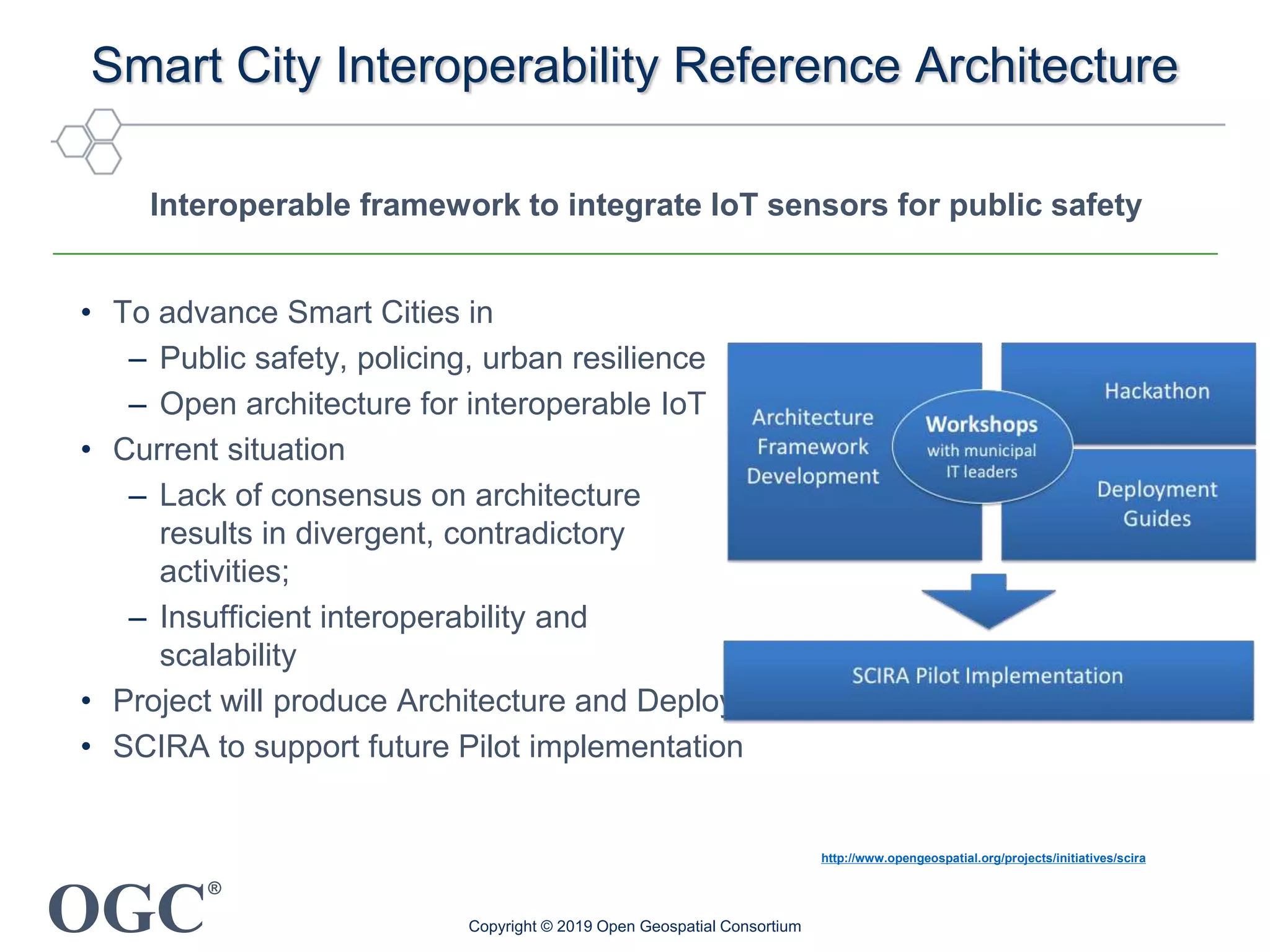 OGC
®
Smart City Interoperability Reference Architecture
Interoperable framework to integrate IoT sensors for public safety
• To advance Smart Cities in
– Public safety, policing, urban resilience
– Open architecture for interoperable IoT
• Current situation
– Lack of consensus on architecture
results in divergent, contradictory
activities;
– Insufficient interoperability and
scalability
• Project will produce Architecture and Deployment Guides
• SCIRA to support future Pilot implementation
http://www.opengeospatial.org/projects/initiatives/scira
Copyright © 2019 Open Geospatial Consortium
 