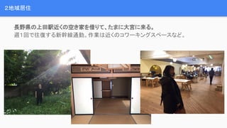 ２地域居住
長野県の上田駅近くの空き家を借りて、たまに大宮に来る。
週１回で往復する新幹線通勤。作業は近くのコワーキングスペースなど。
 