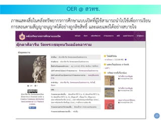 ภาพแสดงสื่อในคลังทรัพยากรการศึกษาแบบเปิดที่ผู้ใช้สามารถนาไปใช้เพื่อการเรียน
การสอนตามสัญญาอนุญาตได้อย่างถูกลิขสิทธิ์ และเผยแพร่ได้อย่างสบายใจ
20
OER @ สวทช.
 