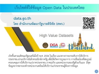 เกิดขึ้นตามมติคณะรัฐมนตรีเมื่อปี พ.ศ. 2556 ในเรื่อง แนวทางการยกระดับการให้บริการ
ประชาชน ผ่านบริการอิเล็กทรอนิกส์ภาครัฐ เพื่อให้เกิดการบูรณาการ การเชื่อมโยงที่สมบูรณ์
ครอบคลุมการให้บริการแก่ภาคประชาชน ภาคธุรกิจ และหน่วยงานของรัฐด้วยกันเอง มีชุด
ข้อมูลจากหลายองค์กรหน่วยงานพร้อมให้บริการแก่ประชาชนผู้ต้องการข้อมูล
data.go.th
โดย สำนักงำนพัฒนำรัฐบำลดิจิทัล (สพร.)
30
เว็บไซต์ที่ให้ข้อมูล Open Data ในประเทศไทย
 