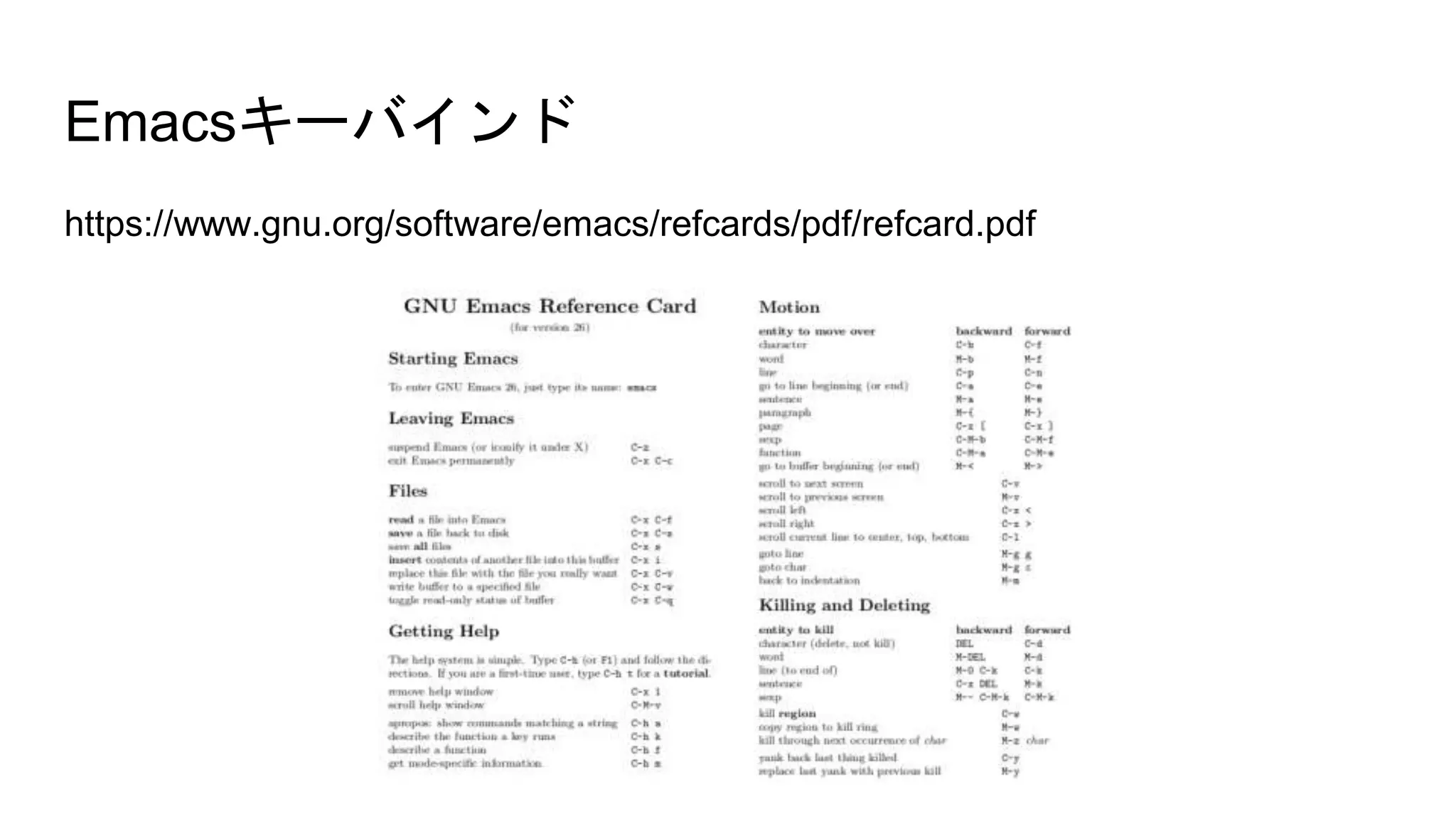https://www.gnu.org/software/emacs/refcards/pdf/refcard.pdf
Emacsキーバインド
 