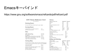 https://www.gnu.org/software/emacs/refcards/pdf/refcard.pdf
Emacsキーバインド
 