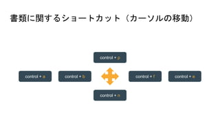 書類に関するショートカット（カーソルの移動）
control + p
control + n
control + fcontrol + bcontrol + a control + e
 