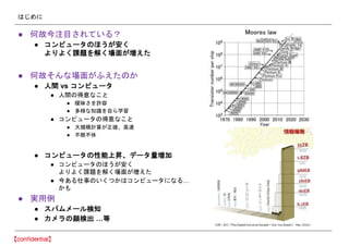 はじめに
● 何故今注目されている？
● コンピュータのほうが安く
よりよく課題を解く場面が増えた
● 何故そんな場面がふえたのか
● 人間 vs コンピュータ
● 人間の得意なこと
● 曖昧さを許容
● 多様な知識を自ら学習
● コンピュータの得意なこと
● 大規模計算が正確、高速
● 不眠不休
● コンピュータの性能上昇、データ量増加
● コンピュータのほうが安く
よりよく課題を解く場面が増えた
● 今ある仕事のいくつかはコンピュータになる…
かも
● 実用例
● スパムメール検知
● カメラの顔検出 …等
 