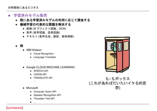 対称関係にあるビジネス
● 学習済みモデル販売
● 既にある学習済みモデルの利用に応じて課金する
● 機械学習の代表的な課題を解決する
● 画像 (オブジェクト認識、OCR)
● 音声 (音声認識、話者認識)
● テキスト (音声合成、翻訳、意味理解)
● 例
● IBM Watson
● Visual Recognition
● Language Translator
…
● Google CLOUD MACHINE LEARNING
● SPEECH API
● VISION API
● TRANSLATE API
…
● Microsoft
● Computer Vision API
● Speaker Recognition API
● Translator Text API
● …
も○もボックス
(これがあればだいたいイケる的思
想)
 