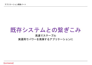 アプリケーション開発パート
既存システムとの繋ぎこみ
高速でステーブル
実運用でパワーを発揮するアプリケーションに
 