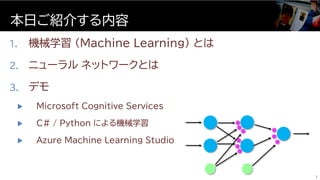1. 機械学習 (Machine Learning) とは
2. ニューラル ネットワークとは
3. デモ
 Microsoft Cognitive Services
 C# / Python による機械学習
 Azure Machine...