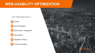 Web usability testing based on:
WEB-USABILITY OPTIMIZATION
Ease of Navigation
Content
Call-to-actions - Engagement
User guidance
Registration Process
Purchase Completion
 