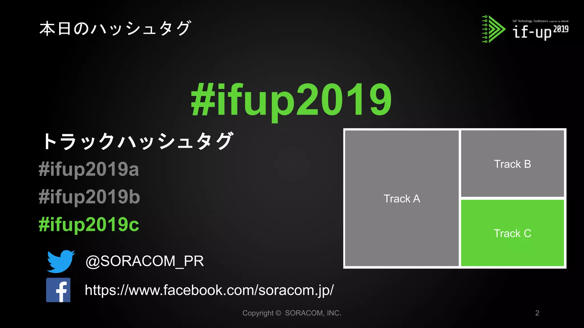 #ifup2019
トラックハッシュタグ
#ifup2019a
#ifup2019b
#ifup2019c
本日のハッシュタグ
Copyright © SORACOM, INC. 2
Track A
Track B
Track C
@SORACOM_PR
https://www.facebook.com/soracom.jp/
 