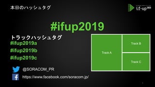 #ifup2019
トラックハッシュタグ
#ifup2019a
#ifup2019b
#ifup2019c
本日のハッシュタグ
1
Track A
Track B
Track C
@SORACOM_PR
https://www.facebook.com/soracom.jp/
 