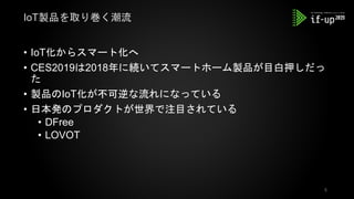 • IoT化からスマート化へ
• CES2019は2018年に続いてスマートホーム製品が目白押しだっ
た
• 製品のIoT化が不可逆な流れになっている
• 日本発のプロダクトが世界で注目されている
• DFree
• LOVOT
IoT製品を取り巻く潮流
5
 