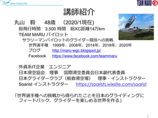 講師紹介
2
丸山 毅 48歳 （2020/1現在)
総飛行時間 3,500 時間 総XC距離14万km
TEAM MARU パイロット
サラリーマンパイロットのグライダー競技への挑戦
世界選手権 1999年、2008年、2014年、2018年...