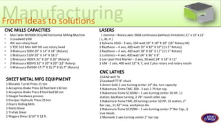CNC MILLS CAPACITIES
• Mori Seiki NH5000 DCG/40 Horizontal Milling Machine
• 1 Leadwell V20I
• 4th axis rotary head
• 1 TDC 510 Mini Mill 5th axis rotary head
• 3 Matsuura 500V 20” X 14” X 14” (Rotary)
• 1 Matsuura 510V 20” X 14” X 18.1”
• 1 Matsuura 760VX 32” X 20” X 20” (Rotary)
• 2 Matsuura 800VG 32” X 20” X 20” (12” Rotary)
• 1 Matsuura ES450H 17.7” X 15.7” X 15.7” (Rotary)
CNC LATHES
3 LEAD well T6
2 Leadwell T7 8" chuck
1 Ameri-Seiki 2 axis turning center 24" dia. turn capacity
1 Nakamura-Tome TMC-300 - 2 axis 2.79 bar cap.
1 Nakamura-Tome SC300M – 3 axis turning center 30 HP, 12
station, backface turning, 2.79” round collet cap.
1 Nakamura-Tome TMC-20 turning center 10 HP, 10 station, 2”
bar cap., 11.02” max. workpiece dia.
1 Nakamura-Tome SC250M – 3 axis turning center 2” Bar Cap., 6
Live Heads
1 Moriseiki 2 axis turning center 2" bar cap
LASERS
1 Domino – Rotary axes 360A continuous (without limitation) 31’ x 10’ x 12’
( L, W, H )
1 Sylvania 1610 – 5 axis, 150 watt 18” X 18” X 10” (16” Rotary tilt)
1 Raytheon – 4 axis, 400 watt 15” X 32” X 10” (13.5” Rotary)
1 Raytheon – 4 axis, 400 watt 18” X 18” X 12” (13.5” Rotary)
1 Lumonics – 4 axis, 400 watt 24” X 36” X 8”
1 Lee Laser Part Marker – 2 axis, 50 watt 24” X 18” X 11"
1 ILM - 5 axis, 400 watt 32” X, Y, and Z plus rotary and rotary nozzle
SHEET METAL MFG EQUIPMENT
1 Muratec Turret Press 25 ton
1 Accupress Brake Press 10 foot bed 130 ton
1 Accupress Brake Press 8 foot bed 60 ton
1 Heager hardware presses
1 Enerpac Hydraulic Press 25 ton
2 Diacro Rolling Mills
1 Pexto Shear
1 TruFab Shear
1 Niagara Shear 3/16” X 12 ft.
ManufacturingFrom Ideas to solutions
 