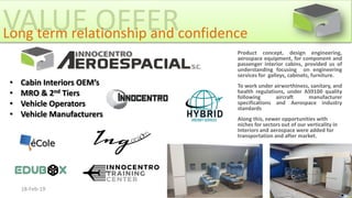Product concept, design engineering,
aerospace equipment, for component and
passenger interior cabins, provided us of
understanding focusing on engineering
services for galleys, cabinets, furniture.
To work under airworthiness, sanitary, and
health regulations, under AS9100 quality
following aircraft manufacturer
specifications and Aerospace industry
standards
Along this, newer opportunities with
niches for sectors out of our verticality in
Interiors and aerospace were added for
transportation and after market.
VALUE OFFERLong term relationship and confidence
18-Feb-19 3
• Cabin Interiors OEM’s
• MRO & 2nd Tiers
• Vehicle Operators
• Vehicle Manufacturers
éCole
 