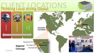 Phoenix AZ
Mexicali MXSan Diego CA
Chatsworth CA
SOUTHERN
CALIFORNIA
BREMEN
CLIENT LOCATIONSThinking Local Acting Global
Aerospace
Transportation
After
Market
18-Feb-19 4
Regional
Coverage
Ensenada MX
 