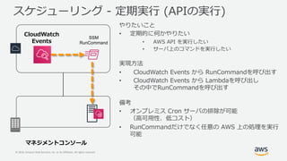 © 2019, Amazon Web Services, Inc. or its Affiliates. All rights reserved.
ac m m
C
• L
• ) Rm
• W e c Rm
ms l
• - P ( R E
• - P R
dI( R E
t
• Sc b W u
h or
• ( I Av ) e nRm
u
SSM
RunCommand
 