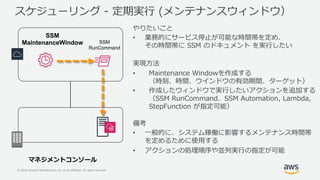 © 2019, Amazon Web Services, Inc. or its Affiliates. All rights reserved.
SWb deR o ae e Me
A C
• tm
F (( F bae o A
ouin
• , -
e F
• A Me o A L ce
(( - (( -
( , w
• m ae e
A
• L ceF p o Fw
SSM
RunCommand
SSM
MaintenanceWindow
 