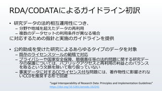 RDA/CODATAˤ륬ɥ饤U
? оǩ`η໥\ԤˤĤ
C Ұ򳬤ǩ`
C }Υǩ`åȤʤ
ˌꤹ뤿ָᘤȌgʩΥɥ饤ṩ
? ɤܤоˤ뤢륿פΥǩ`
C ȴΥ饤󥹥ĩ`ιǌ
C ץ饤Х`Ұȫϡr؟εȤηĆ}vоǩ`
αoˤĤƤϡѥ֥åäȤΥХ
ȡȤ}ȡQäƤʤ
C gǩ`ˌCC饤󥹸놖}ˤϡԤӰ푤
CC0ƊXΤǻر
Legal Interoperability of Research Data: Principles and Implementation Guidelines
https://doi.org/10.5281/zenodo.162241
 