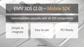 EMV 3DS (2.0) – Mobile SDK
Simple to
integrate
Easy to use PCI Ready
Communicates securely with all 3DS components
 