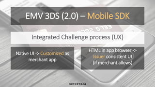 EMV 3DS (2.0) – Mobile SDK
Integrated Challenge process (UX)
Native UI -> Customized as
merchant app
HTML in app browser -...