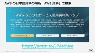 © 2019, Amazon Web Services, Inc. or its Affiliates. All rights reserved. Amazon Confidential and Trademark
AWS の日本語資料の場所「AWS 資料」で検索
https://amzn.to/JPArchive
 
