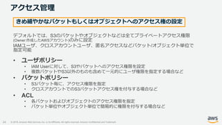 © 2019, Amazon Web Services, Inc. or its Affiliates. All rights reserved. Amazon Confidential and Trademark
アクセス管理
24
きめ細やかなバケットもしくはオブジェクトへのアクセス権の設定
デフォルトでは、S3のバケットやオブジェクトなどは全てプライベートアクセス権限
(Owner:作成したAWSアカウント)のみに設定
IAMユーザ、クロスアカウントユーザ、匿名アクセスなどバケット/オブジェクト単位で
指定可能
• ユーザポリシー
• IAM Userに対して、S3やバケットへのアクセス権限を設定
• 複数バケットやS3以外のものも含めて一元的にユーザ権限を指定する場合など
• バケットポリシー
• S3バケット毎に、アクセス権限を指定
• クロスアカウントでのS3バケットアクセス権を付与する場合など
• ACL
• 各バケットおよびオブジェクトのアクセス権限を指定
• バケット単位やオブジェクト単位で簡易的に権限を付与する場合など
 