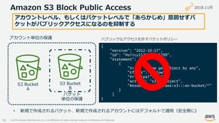 © 2019, Amazon Web Services, Inc. or its Affiliates. All rights reserved. Amazon Confidential and Trademark
Amazon S3 Block Public Access
30
アカウントレベル、もしくはバケットレベルで「あらかじめ」意図せずバ
ケットがパブリックアクセスになるのを抑制する
2018.11月
• 新規で作成されるバケット、新規で作成されるアカウントにはデフォルトで適用（安全側に)
30
{
"Version": "2012-10-17",
"Id": "Policy1531309205299",
"Statement": [
{
"Sid": "Allow get object by any",
"Effect": "Allow",
"Principal": "*",
"Action": "s3:GetObject",
"Resource": "arn:aws:s3:::ex-bucket/*”
}
]
}
パブリックなアクセスを許すバケットポリシー
 