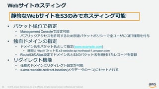 © 2019, Amazon Web Services, Inc. or its Affiliates. All rights reserved. Amazon Confidential and Trademark
Webサイトホスティング
35
静的なWebサイトをS3のみでホスティング可能
• バケット単位で指定
• Management Consoleで設定可能
• パブリックアクセスを許可するため別途バケットポリシーで全ユーザにGET権限を付与
• 独自ドメインの指定
• ドメイン名をバケット名として指定(www.example.com)
• 通常は http://バケット名.s3-website-ap-northeast-1.amazon.com
• Route53のAlias設定でドメイン名とS3のバケット名を紐付けたレコードを登録
• リダイレクト機能
• 任意のドメインにリダイレクト設定が可能
• x-amz-website-redirect-location(メタデータの一つ)にセットされる
 