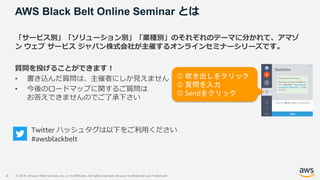 © 2019, Amazon Web Services, Inc. or its Affiliates. All rights reserved. Amazon Confidential and Trademark
AWS Black Belt Online Seminar とは
4
「サービス別」「ソリューション別」「業種別」のそれぞれのテーマに分かれて、アマゾ
ン ウェブ サービス ジャパン株式会社が主催するオンラインセミナーシリーズです。
質問を投げることができます！
• 書き込んだ質問は、主催者にしか見えません
• 今後のロードマップに関するご質問は
お答えできませんのでご了承下さい
① 吹き出しをクリック
② 質問を入力
③ Sendをクリック
Twitter ハッシュタグは以下をご利用ください
#awsblackbelt
 