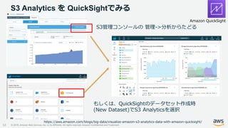 © 2019, Amazon Web Services, Inc. or its Affiliates. All rights reserved. Amazon Confidential and Trademark
S3 Analytics を QuickSightでみる
53
S3管理コンソールの 管理->分析からたどる
もしくは、QuickSightのデータセット作成時
(New Dataset)でS3 Analyticsを選択
Amazon QuickSight
https://aws.amazon.com/blogs/big-data/visualize-amazon-s3-analytics-data-with-amazon-quicksight/
 