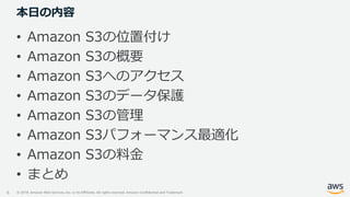 © 2019, Amazon Web Services, Inc. or its Affiliates. All rights reserved. Amazon Confidential and Trademark
本日の内容
• Amazon S3の位置付け
• Amazon S3の概要
• Amazon S3へのアクセス
• Amazon S3のデータ保護
• Amazon S3の管理
• Amazon S3パフォーマンス最適化
• Amazon S3の料金
• まとめ
6
 