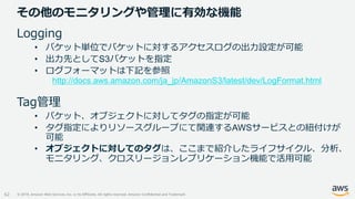 © 2019, Amazon Web Services, Inc. or its Affiliates. All rights reserved. Amazon Confidential and Trademark
その他のモニタリングや管理に有効な機能
62
Logging
• バケット単位でバケットに対するアクセスログの出力設定が可能
• 出力先としてS3バケットを指定
• ログフォーマットは下記を参照
http://docs.aws.amazon.com/ja_jp/AmazonS3/latest/dev/LogFormat.html
Tag管理
• バケット、オブジェクトに対してタグの指定が可能
• タグ指定によりリソースグループにて関連するAWSサービスとの紐付けが
可能
• オブジェクトに対してのタグは、ここまで紹介したライフサイクル、分析、
モニタリング、クロスリージョンレプリケーション機能で活用可能
 