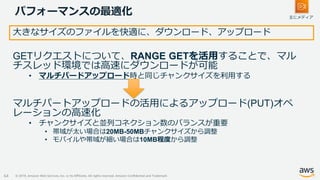 © 2019, Amazon Web Services, Inc. or its Affiliates. All rights reserved. Amazon Confidential and Trademark
パフォーマンスの最適化
64
大きなサイズのファイルを快適に、ダウンロード、アップロード
GETリクエストについて、RANGE GETを活用することで、マル
チスレッド環境では高速にダウンロードが可能
• マルチパードアップロード時と同じチャンクサイズを利用する
マルチパートアップロードの活用によるアップロード(PUT)オペ
レーションの高速化
• チャンクサイズと並列コネクション数のバランスが重要
• 帯域が太い場合は20MB-50MBチャンクサイズから調整
• モバイルや帯域が細い場合は10MB程度から調整
主にメディア
 