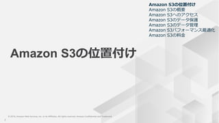 © 2019, Amazon Web Services, Inc. or its Affiliates. All rights reserved. Amazon Confidential and Trademark
© 2019, Amazon Web Services, Inc. or its Affiliates. All rights reserved. Amazon Confidential and Trademark
Amazon S3の位置付け
7
Amazon S3の位置付け
Amazon S3の概要
Amazon S3へのアクセス
Amazon S3のデータ保護
Amazon S3のデータ管理
Amazon S3パフォーマンス最適化
Amazon S3の料金
 